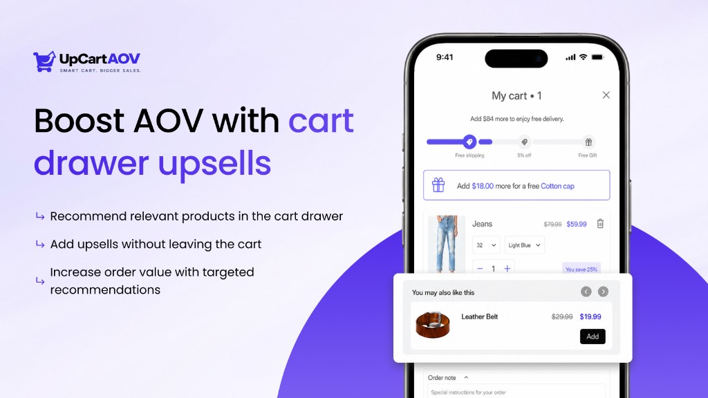 UpCartAOV upsell slide carousel in the cart drawer recommending a related product with an Add button